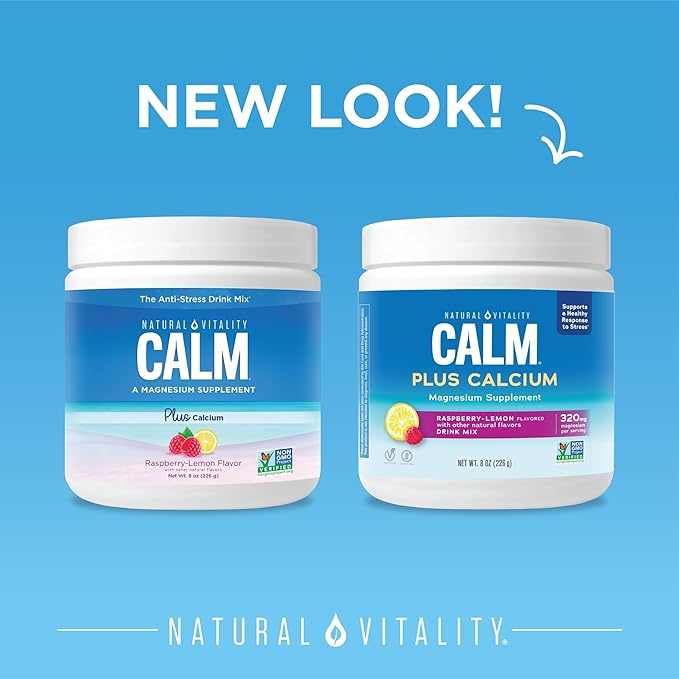 Natural Vitality CALM Magnesium Supplement Drink Mix Plus Calcium, Anti-Stress Drink Mix Powder, With Calcium, Vegetarian & Non-GMO, Raspberry Lemon, 8 oz
