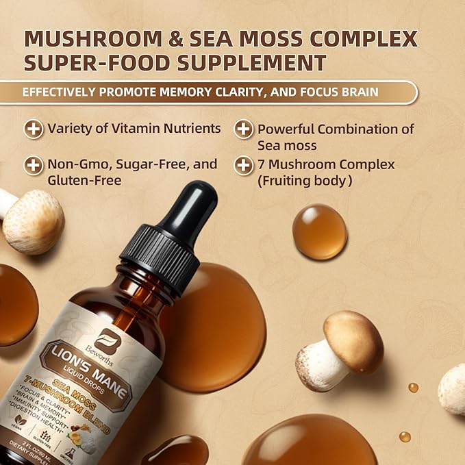 Lions Mane Mushroom Liquid Drops with 6 Mushroom Complex & Irish Sea Moss, Dual-Extracted for Cognitive & Immune Support – Vegan, Non-GMO Supplement – 60mL Peach Flavor