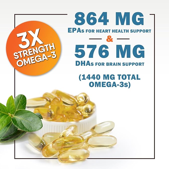 Triple Strength Omega 3 Fish Oil - 2400 mg Natural Omega-3 Supplements Support Brain, Heart & Joint Health with EPA & DHA Essential Fatty Acids - Lemon Flavor, Burpless, Wild Caught - 120 Softgels