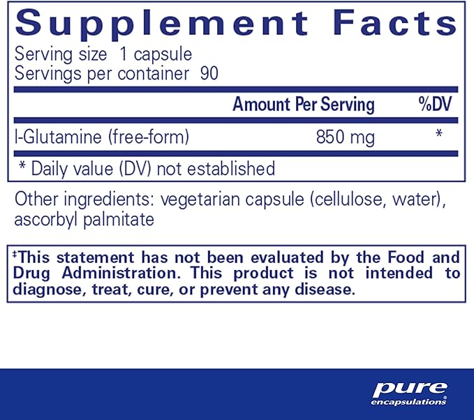 Pure Encapsulations L-Glutamine 850 mg | Supplement for Immune and Digestive Support, Gut Health and Lining Repair, Metabolism Boost, and Muscle Support* | 90 Capsules