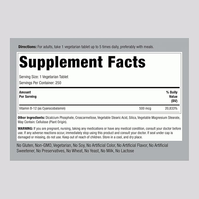 Piping Rock Vitamin B12 | 500 mcg | 250 Tablets | Supplement for Women and Men | as Cyanocobalamin | Vegetarian, Non-GMO, Gluten Free