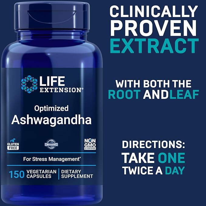 Life Extension Optimized Ashwagandha, 150 Veg Caps - Non-GMO, Gluten Free, Vegetarian Capsules