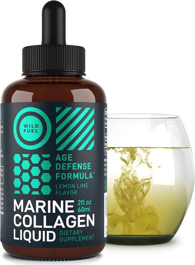 WILD FUEL Liquid Marine Collagen Peptides Supplements - 1,000mg Hydrolyzed Collagen Marine with Hyaluronic Acid 10mg - Hair Skin and Nails Vitamins - Natural Lemon Flavor, Liquid 2oz