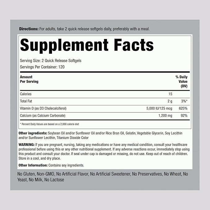 Piping Rock Calcium 1200 mg with Vitamin D3 | 240 Softgels | Absorbable Calcium Carbonate Pills | Non-GMO, Gluten Free Supplement