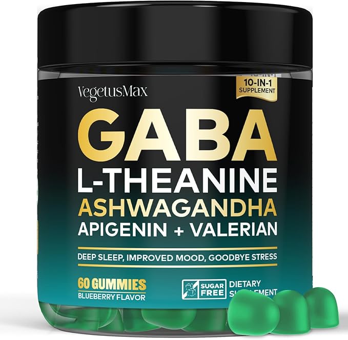 GABA L-Theanine Gummies Natural Stress Relief Supplement - Calm, Sleep, Relaxation & Mood Support, Magnesium, Vitamin B6, Ashwagandha, Apigenin, Non-Habit Forming Sugar free Gummy, Blueberry Flavor