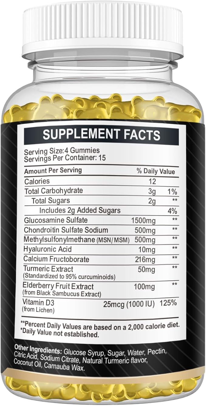 Glucosamine Chondroitin Gummies - 60 Joint Support Supplements - 1500mg Extra Strength with MSM, Elderberry, Turmeric - Cartilage & Immune Support for Adults, Men & Women Vegan - Easy to Swallow