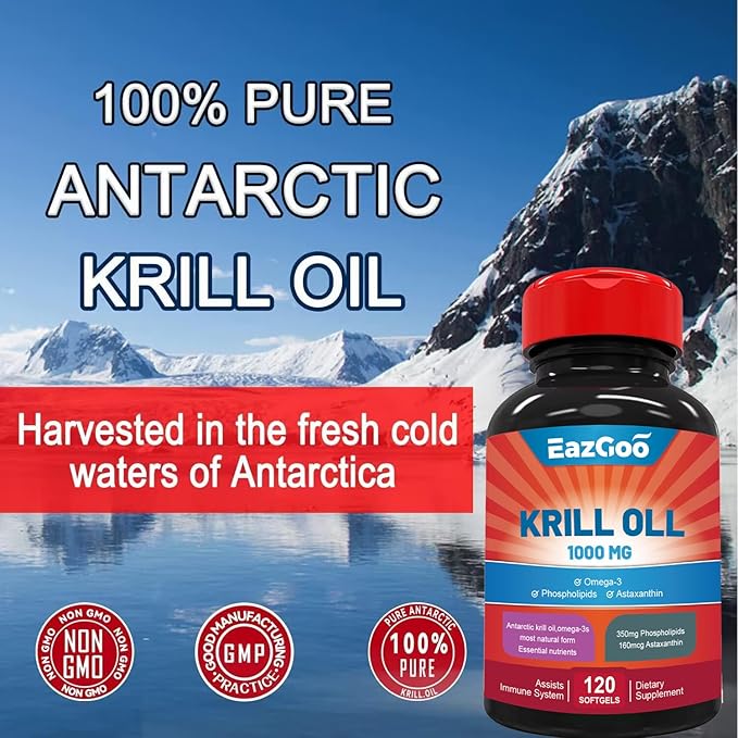 Antarctic Krill Oil 1000mg, Omega 3 Supplement,EPA, DHA, Phospholipids and Astaxanthin- 120 Softgels