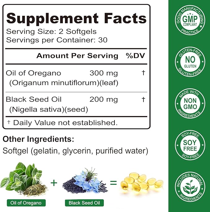 Nature's live Oil of Oregano with Black Seed Oil, 2 in 1 Oregano Supplement for Immune Health, Retains High Concentrated Carvacrol & Thymoquinone, Non-GMO, 60 Softgels, 1 Pack