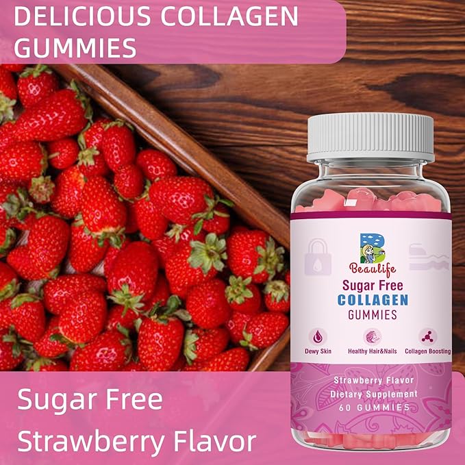 Collagen Gummies, with Biotin,Bamboo, Hydrolyzed Collagen Peptides Supplement, for Healthy Skin Support, 60 Gummies,Strawberry Flavor
