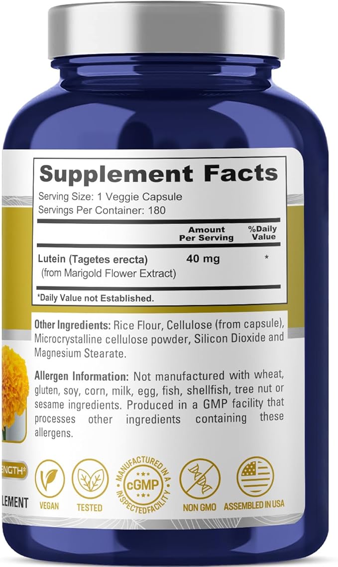 NusasPure Lutein 40mg 180 Veggie Capsules (Non-GMO, Vegan)