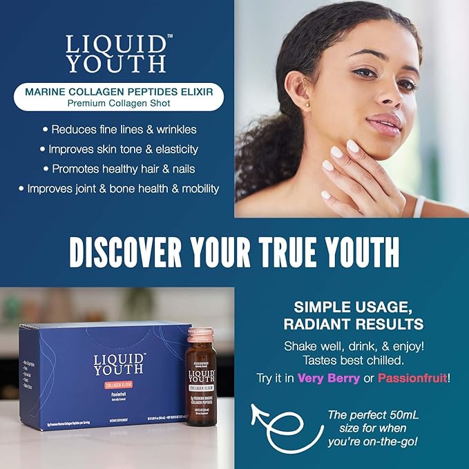 Liquid Collagen Elixir Shot for Women & Men - Premium Liquid Marine Collagen for Hair Growth, Skin, Nail, Bone & Joint Health - Travel-Friendly (Passion Fruit, 10 Servings Per Box)