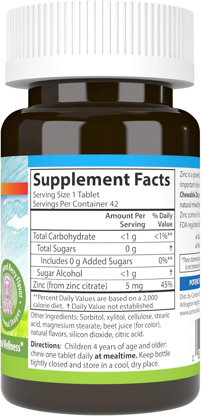 Carlson - Kid's Chewable Zinc, 5 mg, Immune Support, Antioxidant Power, Natural Mixed Berry Flavor, 42 Tablets