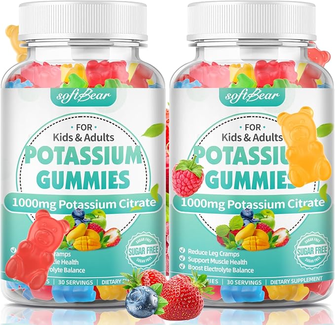softbear Potassium Citrate Gummies, High Potency Potassium Citrate 1000mg Supports Leg Cramps & Muscle Health Potassium Gummies for Adults & Kids Mixed Fruit Flavor 120 Count