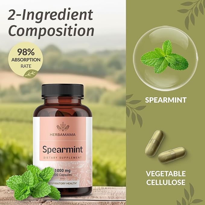 HERBAMAMA Spearmint Leaf Capsules - 1000mg Spearmint Leaves for Gut Cleanse & Digestive Support - Vegan Non-GMO Mentha Spicata Supplement 100 Caps