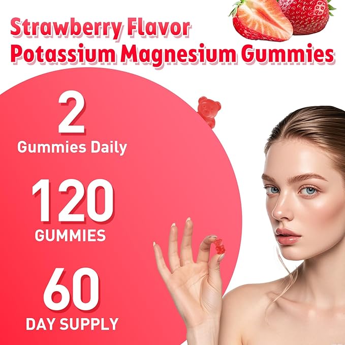 2 Pack Potassium Magnesium Gummies for Men & Women, Potassium Magnesium Supplement for Leg Cramps, Muscle Health, & Electrolyte Balance, Strawberry Flavor, 120 Gummies
