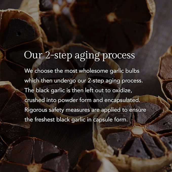 Aged Black Garlic Capsules - Garlic Pills - Less Odor - 60 Capsules - Allium Sativum Supplement - More Effective Than Allicin