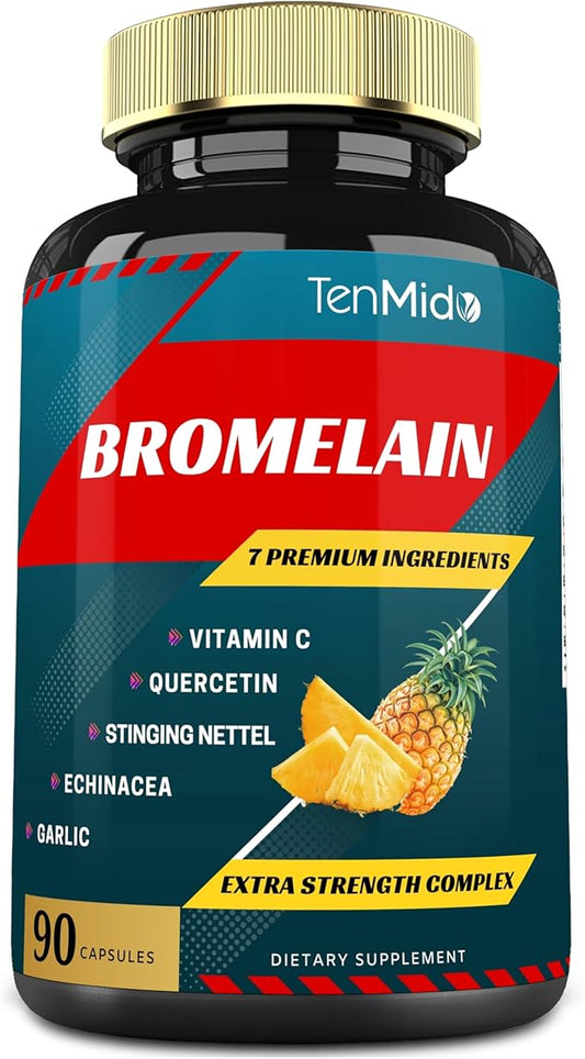 Bromelain Extract Capsules, Proteolytic Enzymes & VitC, Quercetin, Echinacea, Garlic, Pepper - Supports Digestion Health, Nutrient Absorption - 90caps, 3Months Supply