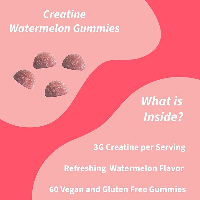 Bizi Creatine Watermelon Gummies for Men & Women, Creatine Monohydrate Gummies, Watermelon Flavor Creatine Gummy, Workout, Muscle Growth, & Recovery Supplement, Vegan & Gluten Free (60 ct)