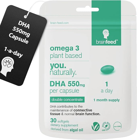 DHA Supplements (30) | Double Concentrate Omega 3 DHA 550mg PER Capsule - 1 a Day| Brain & Eye Health | Vegan DHA - Omega 3 Algae Oil | Sustainable DHA Capsules