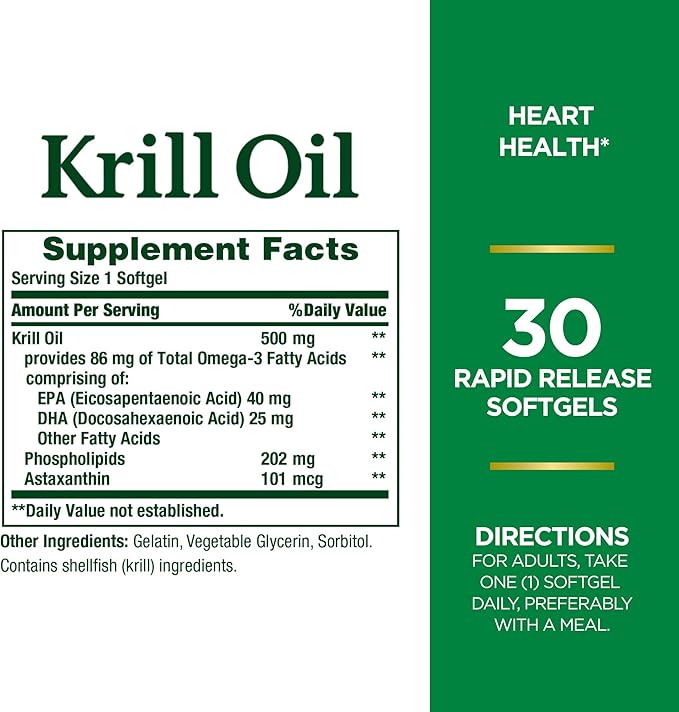 Nature's Bounty Krill Oil, Heart Health, Dietary Supplement, 500mg, Rapid Release Softgels, 30 count