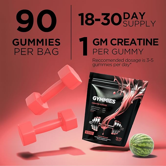 Creatine Monohydrate Gummies - Muscle Growth, Performance, Endurance - 5 Gram Creatine per Serving - Vegan, Non-GMO, Gluten-Free, Made in USA - 90ct (90 Count, Watermelon)