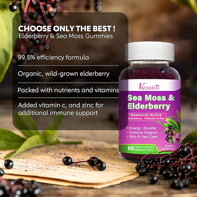 2 Pack Elderberry Gummies with Sea Moss, Extra Strength Elderberry with Vitamin C, Zinc for Immune Support for Adults, Kids, Women & Men, Blueberry Flavor 120Cts
