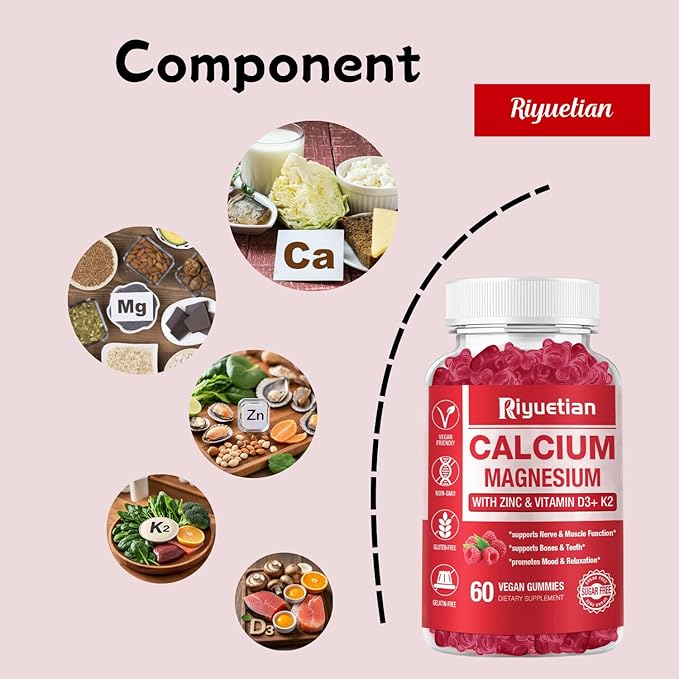 2 Pack Calcium Magnesium Zinc Gummies with Vitamin D3 Supplement, High Absorption Zinc Gummies for Bone & Teeth & Immune Health, Gluten-Free, Vegan, Kids & Adults, 120 Count