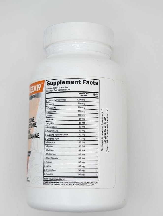 Clean Nutraceuticals Amino Acids Supplement L-Lysine, L-Threonine, L-Leucine, Isoleucine, Valine, L-Histidine, L-Tryptophan, L-Methionine, L-Arginine, L-Cysteine, L-Glutamine, L-Serine, Aspartic Acid