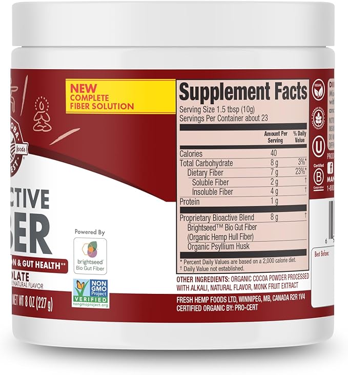 Manitoba Harvest Organic BioActive Fiber Supplement with 7g Fiber per Serving, Digestive Hemp & Psyllium Husk Powder, Non-GMO, Vegan & Kosher, 8oz, Chocolate