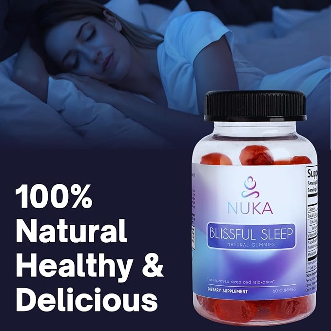 NUKA Blissful Sleep Gummies for Adults - Natural Sleep Aid with 2mg of Melatonin, Passiflora Extract & Vitaman B6 – Restful Sleep & Relaxation –Vegan & Gluten-Free- Passion Fruit 60 Gummies
