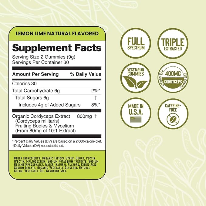 Troomy Boost Cordyceps All Natural Mushroom Gummies - Supports Active Lifestyle & Hyper Focus - Lemon Lime - 60 Count