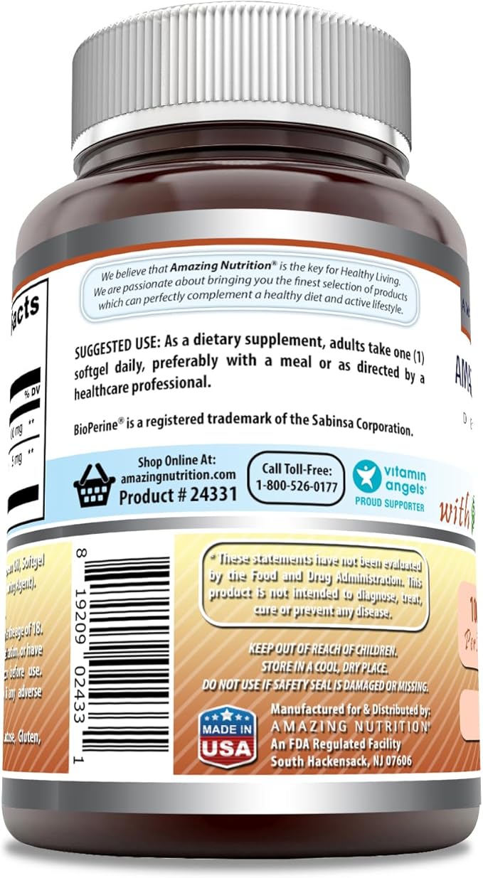 Amazing Formulas CoQ10 with Bioperine Supplement | 60 Softgels | 100 Mg Per Serving | Non-GMO| Gluten Free | Made in USA