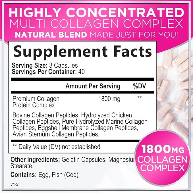 Best Collagen Peptides for Women - Multi-Collagen Hydrolyzed Complex 5 Types, Grass Fed Peptides for Hair, Skin, Nail, Bone & Joint Health Support, Collagen Powder Caps for Women & Men - 120 Capsules