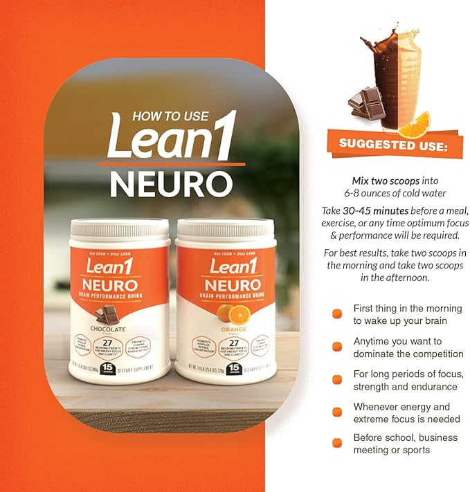 Lean1 Neuro, Mental Energy Powder Drink, orange flavor, 15 serving tub by Nutrition53