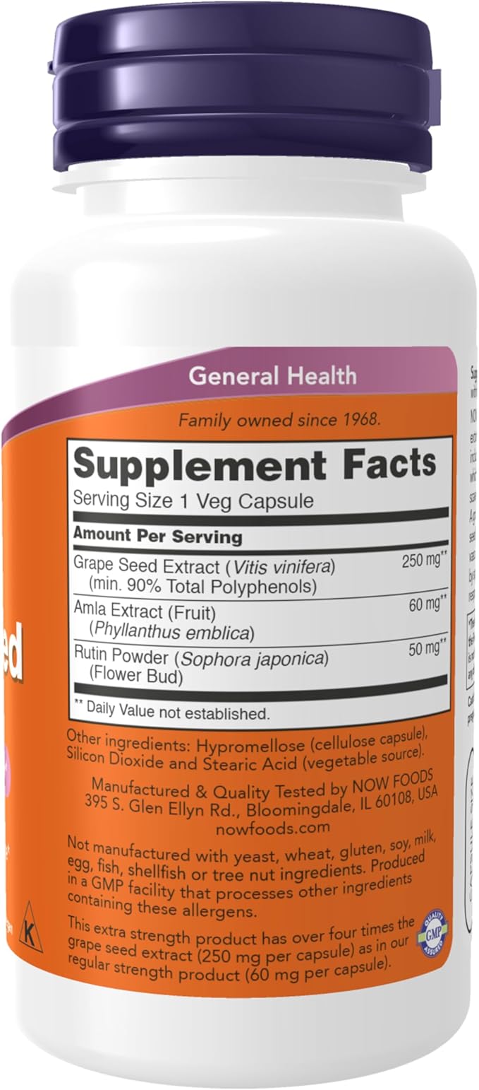 NOW Foods Supplements, Grape Seed (a Highly Concentrated Extract with a Minimum of 90% Polyphenols) Extra Strength 250 mg, 90 Veg Capsules