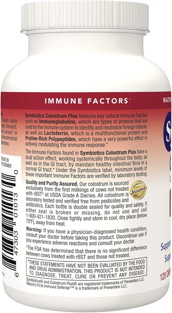 Symbiotics Colostrum 120ct Chewables Plus - Immunity Support for Adult & Kids - Lactoferrin Supplement & Colostrum Protein - Supports Digestion & Gut - 25% lgG Antibodies, Gluten Free - Wild Cherry