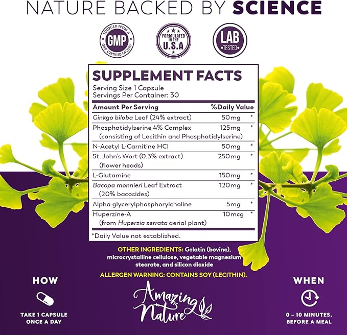 Neuro Booster Nootropics and Brain Supplement for Memory, Clarity, Focus, Relaxation with Gingko Biloba, Bacopa Monnieri, St. John’s Wort & More