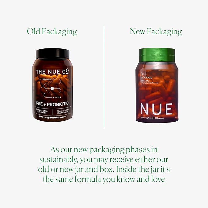 The Nue Co. PREBIOTIC + PROBIOTIC Supplement, Supports Gut Health, Synbiotic and Spore Based, IBS Relief, Immunity, and Skin, Vegan, Gluten Free, 60 Capsules