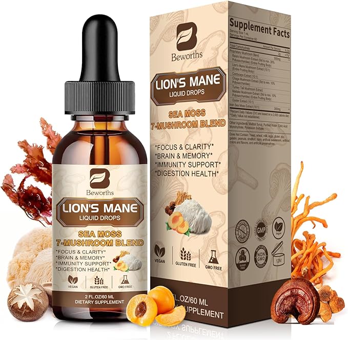 Lions Mane Mushroom Liquid Drops with 6 Mushroom Complex & Irish Sea Moss, Dual-Extracted for Cognitive & Immune Support – Vegan, Non-GMO Supplement – 60mL Peach Flavor