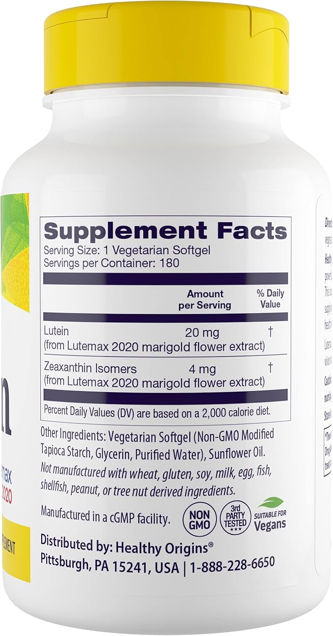 Healthy Origins Lutein 20 mg (Lutemax 2020 with Zeaxanthin, Non-GMO, Vegan, Eye Support), 180 Veggie Gels