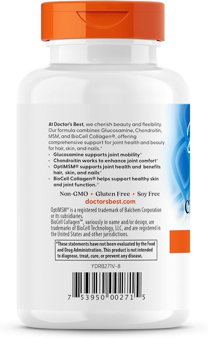 Doctor's Best Glucosamine Chondroitin MSM + Hyaluronic Acid with OptiMSM Featuring Biocell Collagen, Joint Support, Non-GMO, Gluten & Soy Free, 150 Caps