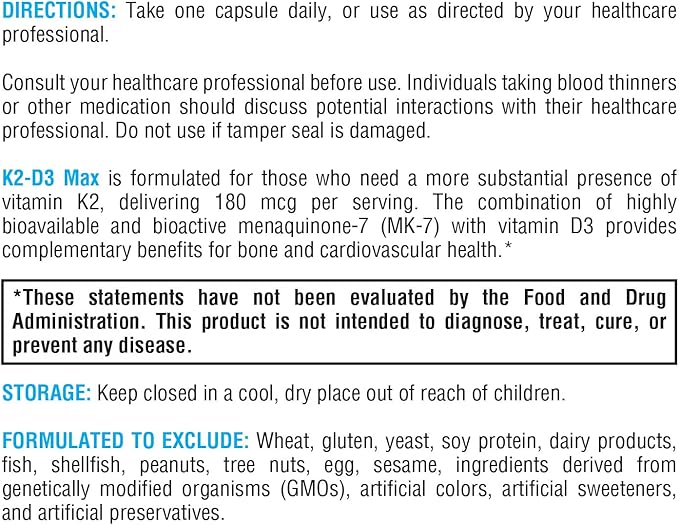 XYMOGEN K2-D3 Max - Vitamin D3 K2 with 180mcg VIT K Per Capsule - Bioavailable Vitamin D 5000 IU (Cholecalciferol) with Vitamin K2 MK-7 - Bone Health + Immune Support Supplement (60 Capsules)