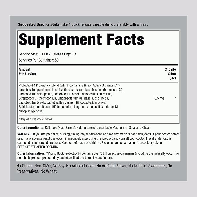 Piping Rock Probiotic Acidophilus Capsules | 60 Pills | 3 Billion CFU | Supplement for Women and Men | 14 Strains | Non-GMO, Gluten Free