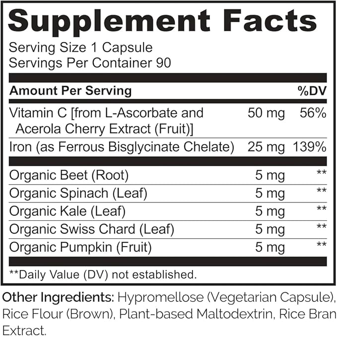NATURELO Vegan Iron Supplement with Vitamin C and Organic Whole Foods - Gentle Iron Pills for Women & Men with Iron Deficiency Including Pregnancy, Anemia and Vegan Diets - 90 Mini Capsules