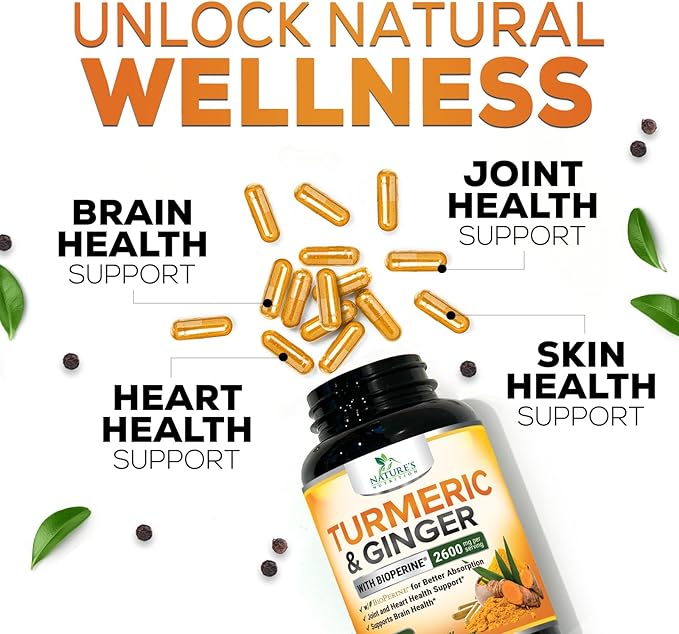 Turmeric Supplement Curcumin 2600mg - with Organic Ginger & Turmeric, BioPerine Black Pepper Extract 95% Curcuminoids - Advanced Absorption Antioxidant & Joint Support - Vegan - 120 Capsules