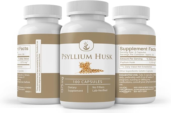 Pure Original Ingredients Psyllium Husk Capsules (100 Capsules) Fiber Powder Supplement, No Additives Or Fillers, Lab Verified