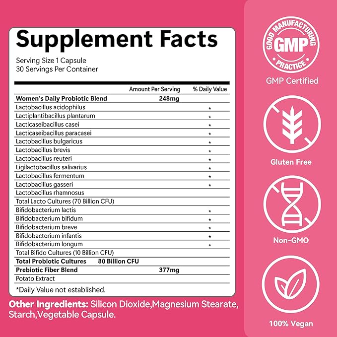 Women's Probiotics and Prebiotics 80 Billion CFUs, 16 Probiotic Strains, Probiotics for PH Balance, Supports Digestive & Gut Health, 30 Capsules