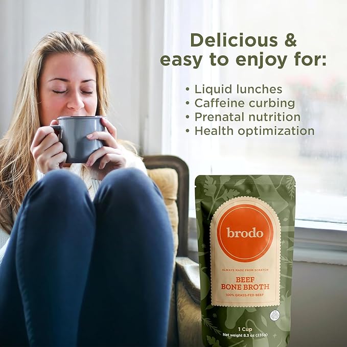 Brodo 100% Grass-Fed Beef Bone Broth, Collagen-Rich and Protein-Packed, Slow-Simmered with Organic Vegetables and Herbs, Nutrient-Dense Broth for Sipping and Cooking (6 x 8.3 oz. Pouches)