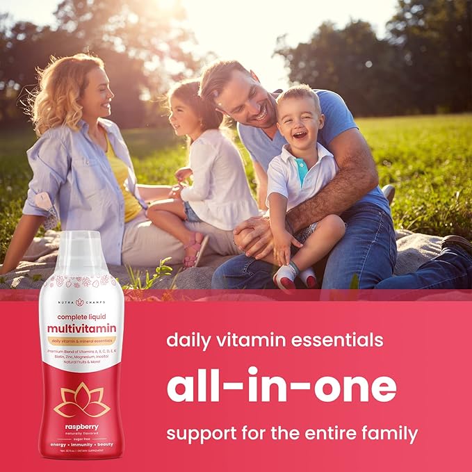 Liquid Multivitamin for Women, Men & Kids | Sugar Free Liquid Vitamins | Vitamin A, B, C, D, E, K, Biotin, Zinc, Magnesium | Energy, Beauty, Immune Support Supplement | Vegan, Natural Raspberry