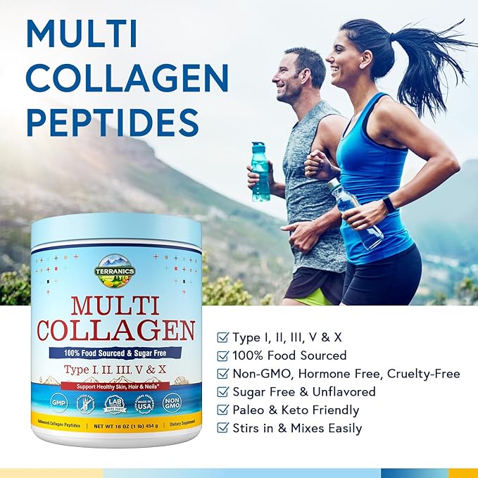 Terranics Multi Collagen Peptides Powder, Type I II III V X Hydrolyzed Collagen for Women+Men, Collagen Supplements for Skin Nail Hair, Fast Dissolve, Unflavored Colageno, No Sugar, Keto, 16oz